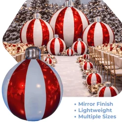 Red Giant Inflatable Striped Ornament Sphere – Maxorb™ Reflective Holiday Ceiling Decor – Commercial Installation Sizes
