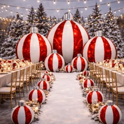 Red Giant Inflatable Striped Ornament Sphere – Maxorb™ Reflective Holiday Ceiling Decor – Commercial Installation Sizes