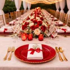 13" Red with Gold Beaded Rim Round Charger Plates – 10 Pieces Reusable Economy Plastic Chargers