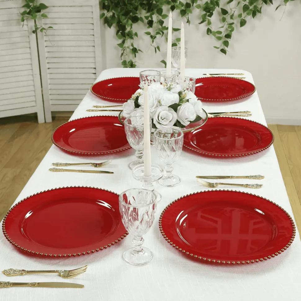 13" Red with Gold Beaded Rim Round Charger Plates – 10 Pieces Reusable Economy Plastic Chargers