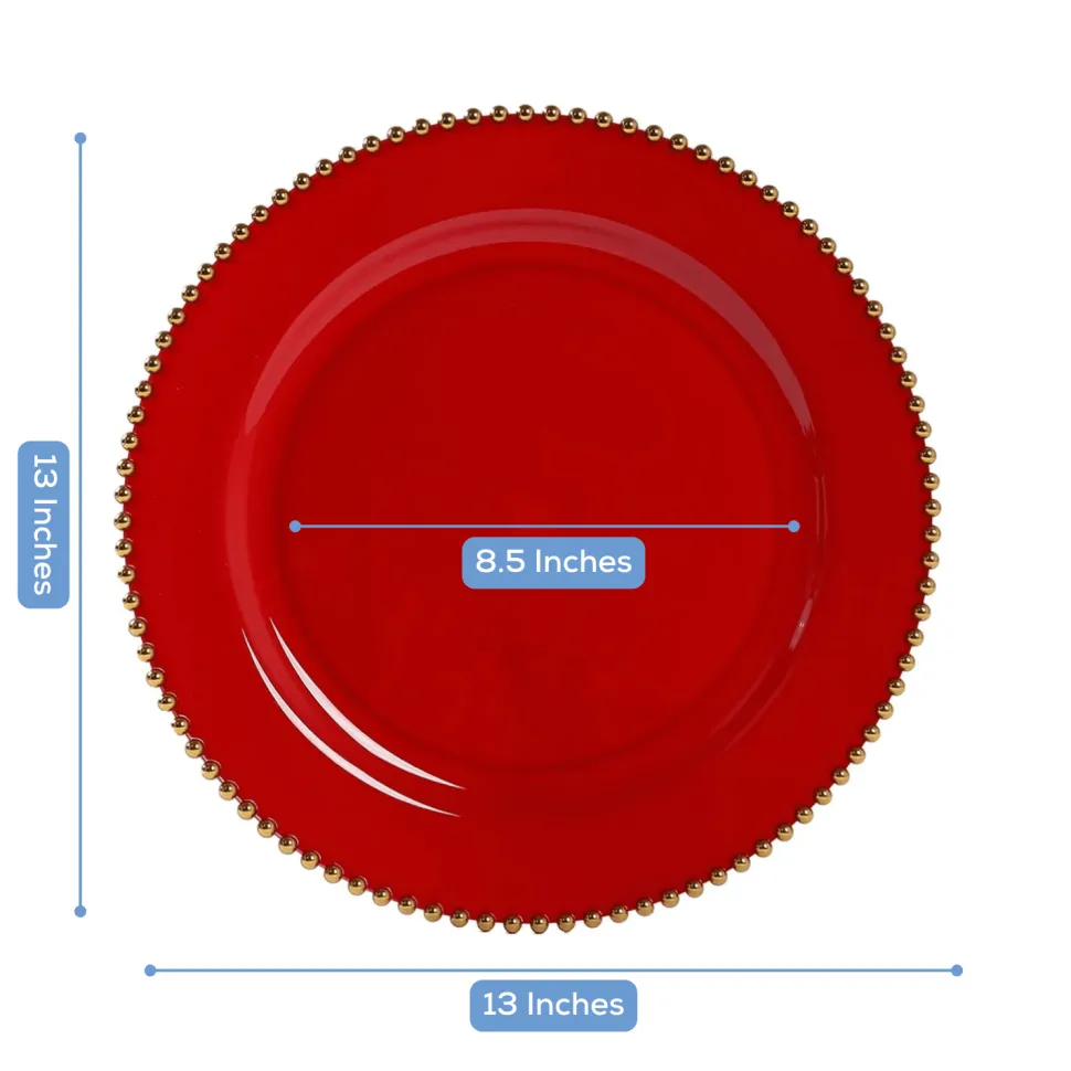 13" Red with Gold Beaded Rim Round Charger Plates – 10 Pieces Reusable Economy Plastic Chargers