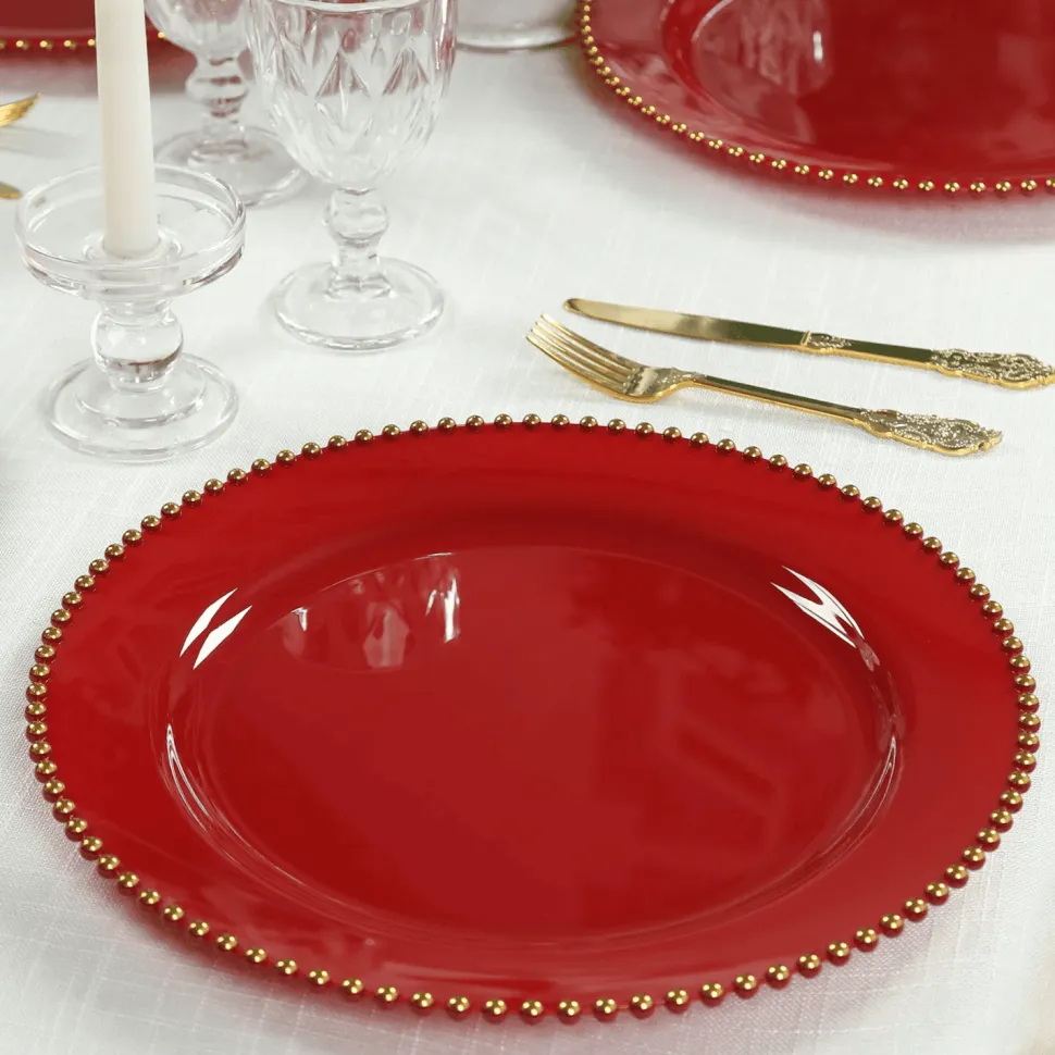 13" Red with Gold Beaded Rim Round Charger Plates – 10 Pieces Reusable Economy Plastic Chargers
