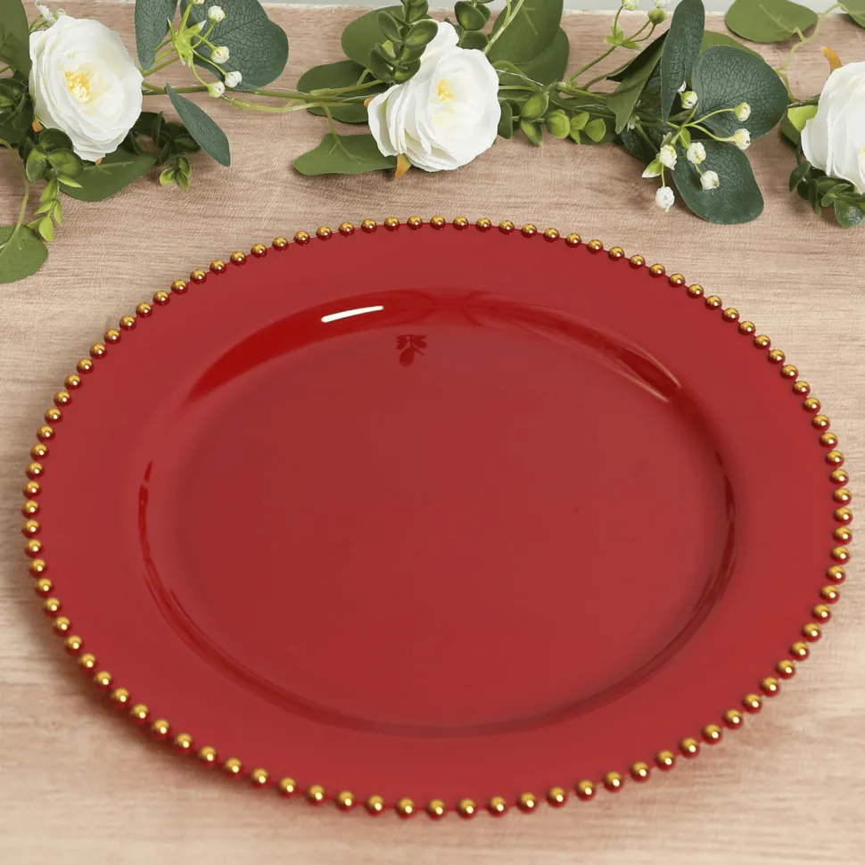 13" Red with Gold Beaded Rim Round Charger Plates – 10 Pieces Reusable Economy Plastic Chargers