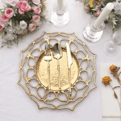 13" Round Gold Floral Cutout Charger Plates – 6 Pack Reusable Decorative Acrylic-Style Plastic Dinner Chargers