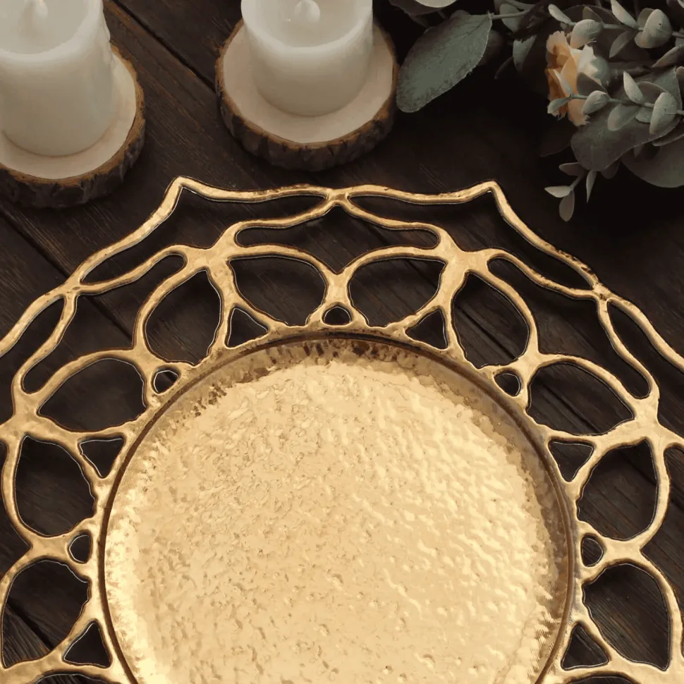 13" Round Gold Floral Cutout Charger Plates – 6 Pack Reusable Decorative Acrylic-Style Plastic Dinner Chargers