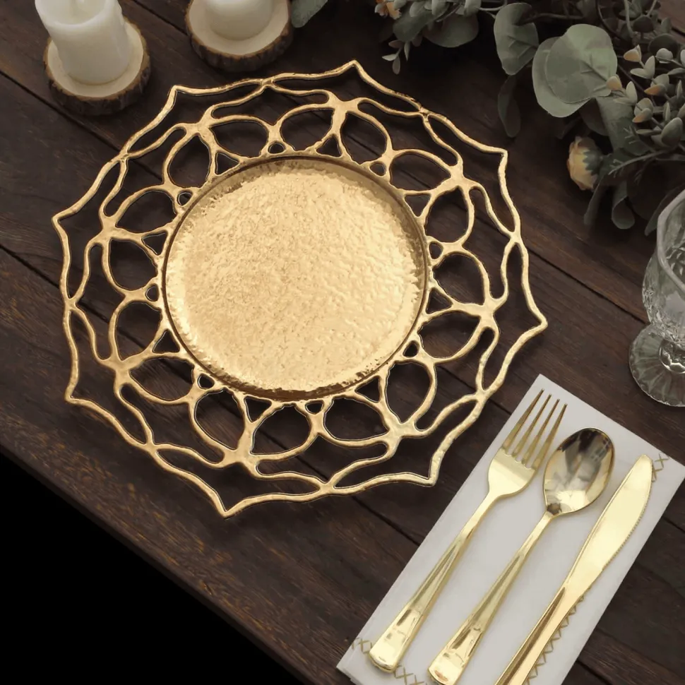 13" Round Gold Floral Cutout Charger Plates – 6 Pack Reusable Decorative Acrylic-Style Plastic Dinner Chargers