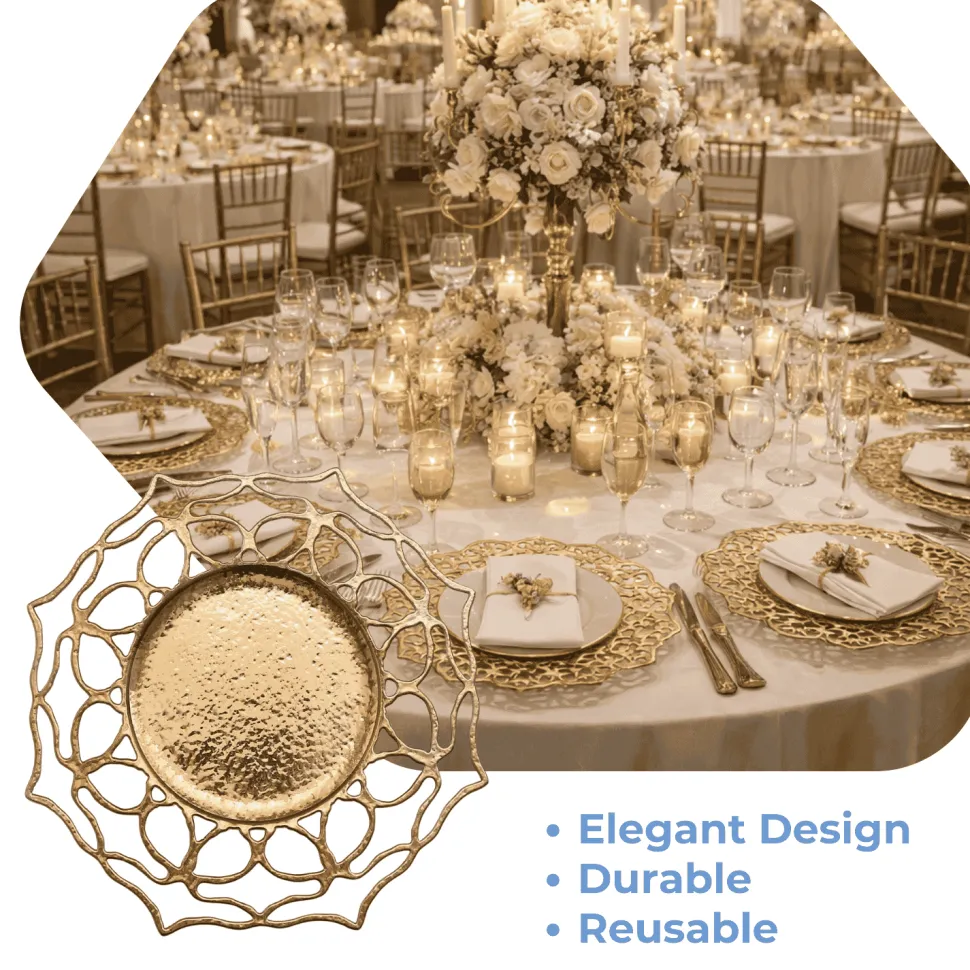 13" Round Gold Floral Cutout Charger Plates – 6 Pack Reusable Decorative Acrylic-Style Plastic Dinner Chargers