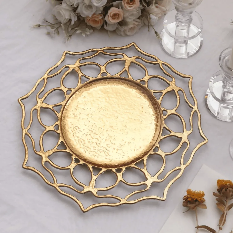 13" Round Gold Floral Cutout Charger Plates – 6 Pack Reusable Decorative Acrylic-Style Plastic Dinner Chargers