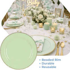 13" Sage Green with Gold Beaded Rim Round Charger Plates – 10 Pieces Reusable Economy Plastic Chargers