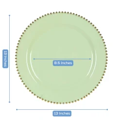 13" Sage Green with Gold Beaded Rim Round Charger Plates – 10 Pieces Reusable Economy Plastic Chargers