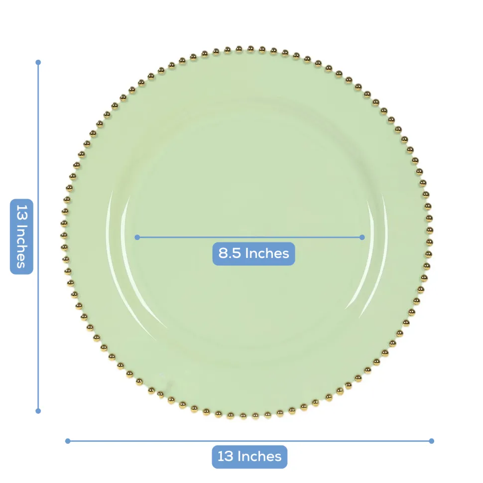 13" Sage Green with Gold Beaded Rim Round Charger Plates – 10 Pieces Reusable Economy Plastic Chargers