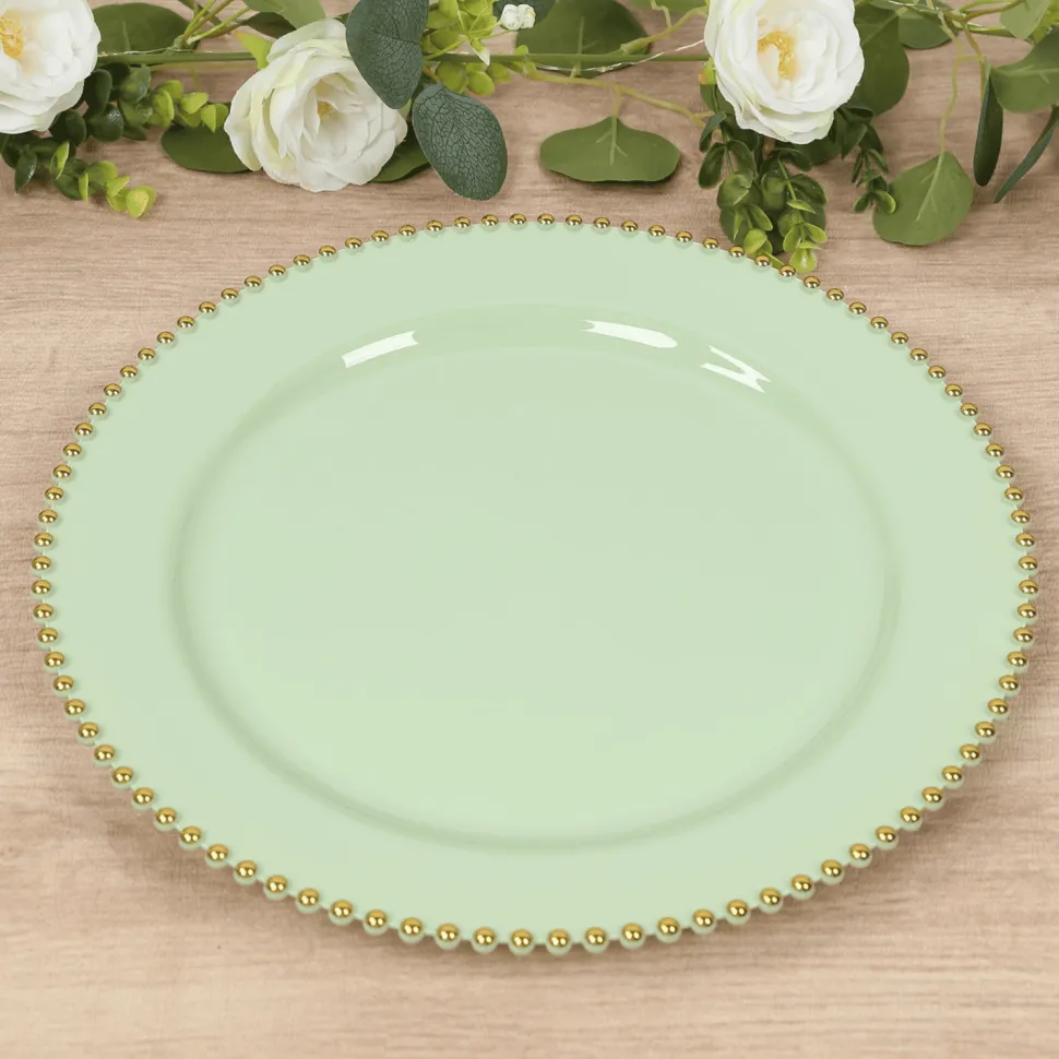 13" Sage Green with Gold Beaded Rim Round Charger Plates – 10 Pieces Reusable Economy Plastic Chargers