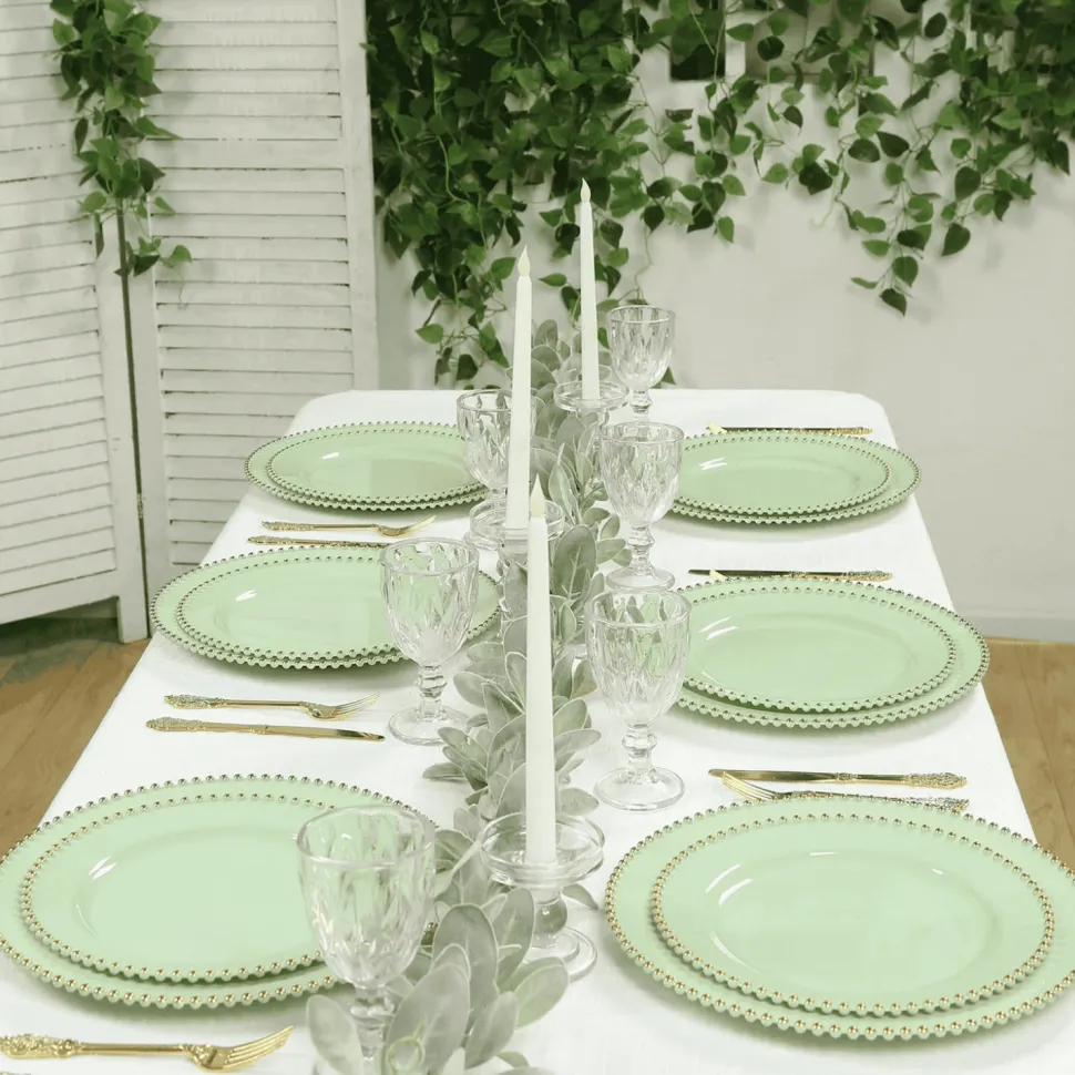 13" Sage Green with Gold Beaded Rim Round Charger Plates – 10 Pieces Reusable Economy Plastic Chargers