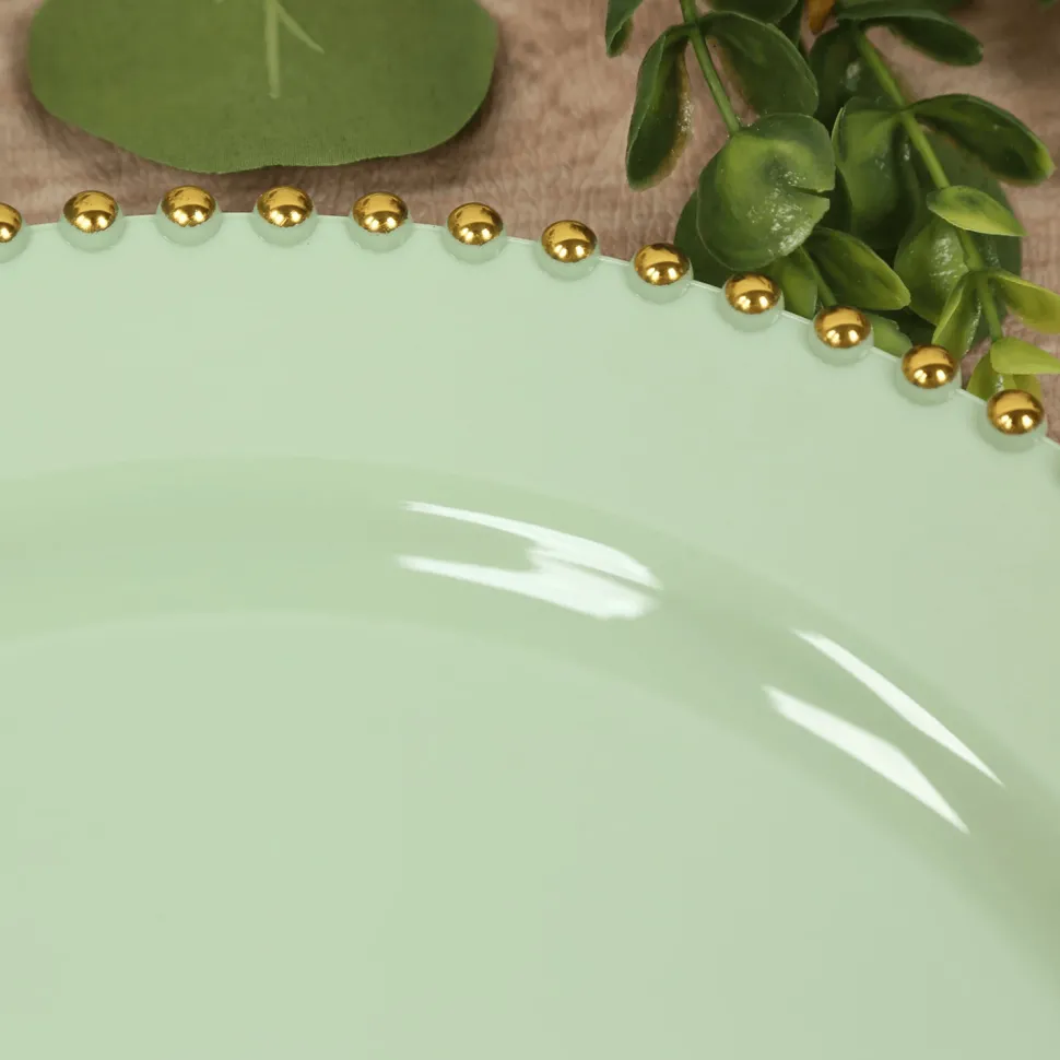 13" Sage Green with Gold Beaded Rim Round Charger Plates – 10 Pieces Reusable Economy Plastic Chargers