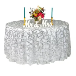 Sequin Looping Leaves Tablecloth Overlay 120" Round - Silver