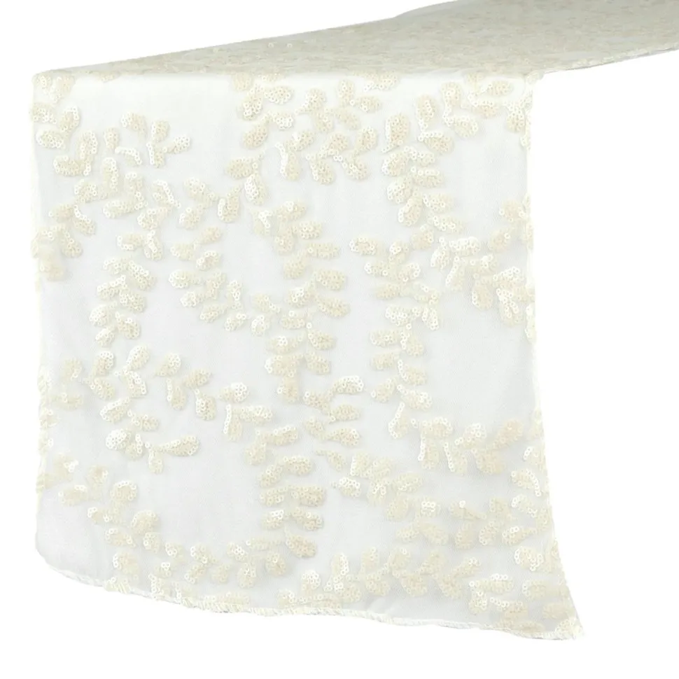 Sequin Looping Leaves Table Runner - Light Ivory/Off White