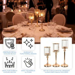 Set of 3 Crystal Pendant Hurricane Candle Holders with Glass Shades (Gold Finish)