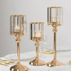 Set of 3 Crystal Pendant Hurricane Candle Holders with Glass Shades (Gold Finish)