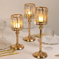 Set of 3 Crystal Pendant Hurricane Candle Holders with Glass Shades (Gold Finish)