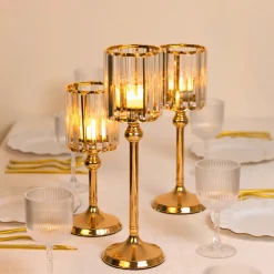 Set of 3 Crystal Pendant Hurricane Candle Holders with Glass Shades (Gold Finish)