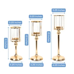 Set of 3 Crystal Pendant Hurricane Candle Holders with Glass Shades (Gold Finish)