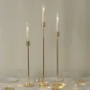 Set of 3 Gold Metal Taper Candle Holders with Hurricane Glass Shades (28in, 32in & 36in Height)