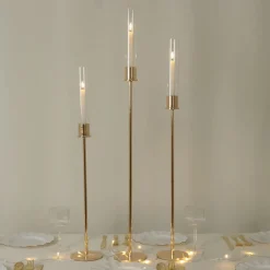 Set of 3 Gold Metal Taper Candle Holders with Hurricane Glass Shades (28in, 32in & 36in Height)