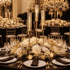 Set of 3 Gold Metal Taper Candle Holders with Hurricane Glass Shades (28in, 32in & 36in Height)