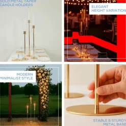 Set of 3 Gold Metal Taper Candle Holders with Hurricane Glass Shades (28in, 32in & 36in Height)