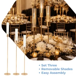 Set of 3 Gold Metal Taper Candle Holders with Hurricane Glass Shades (28in, 32in & 36in Height)