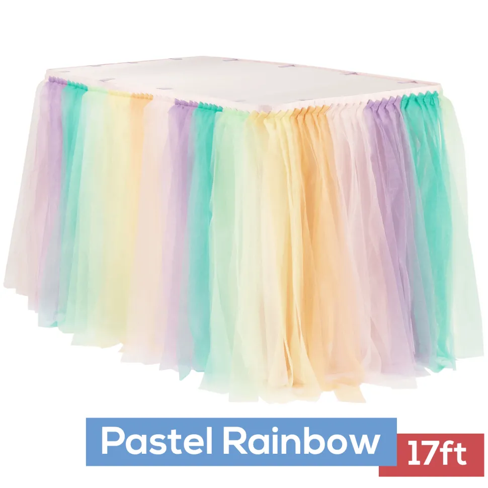 Sheer Tulle Tutu Table Skirt - 17ft long - Pastel Rainbow