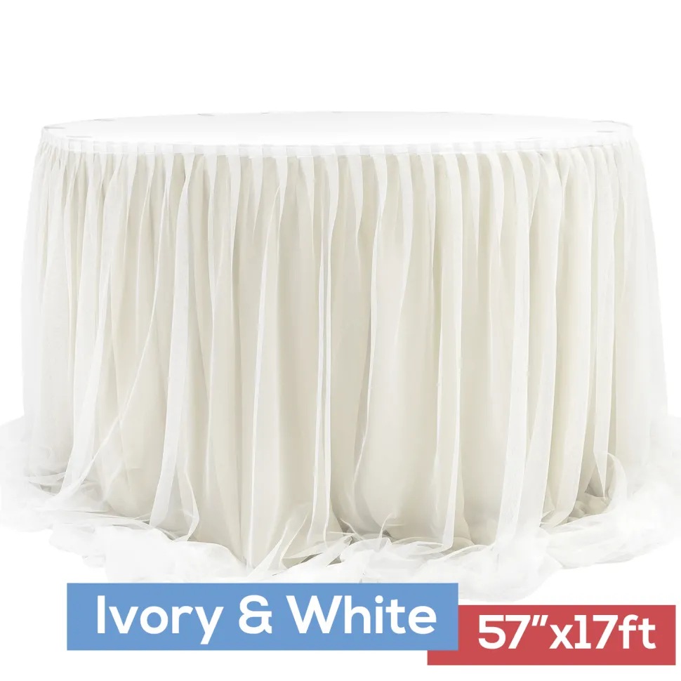Sheer Two Tone Tulle Table Skirt Extra Long 57" x 17ft - Ivory & White