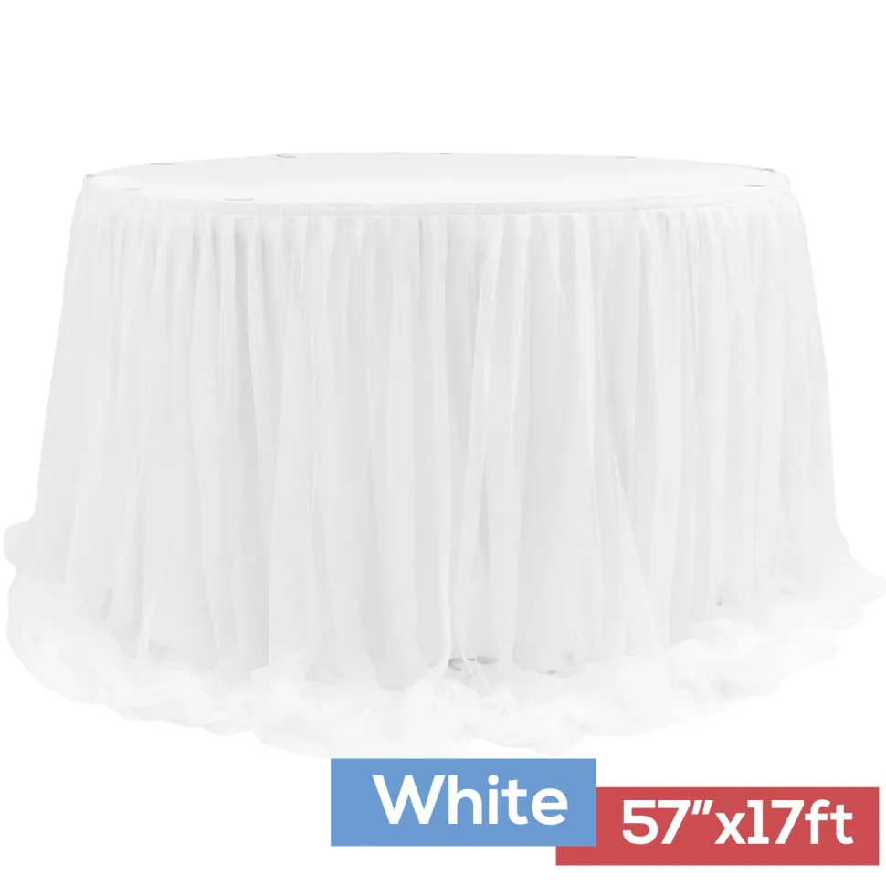 Sheer Two Tone Tulle Table Skirt Extra Long 57" x 17ft - White