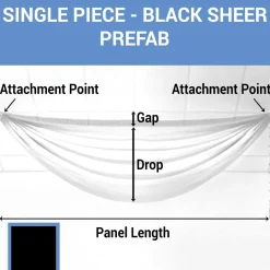 Single Piece - Black Sheer Prefabricated Ceiling Drape Panel - Choose Length and Drop!
