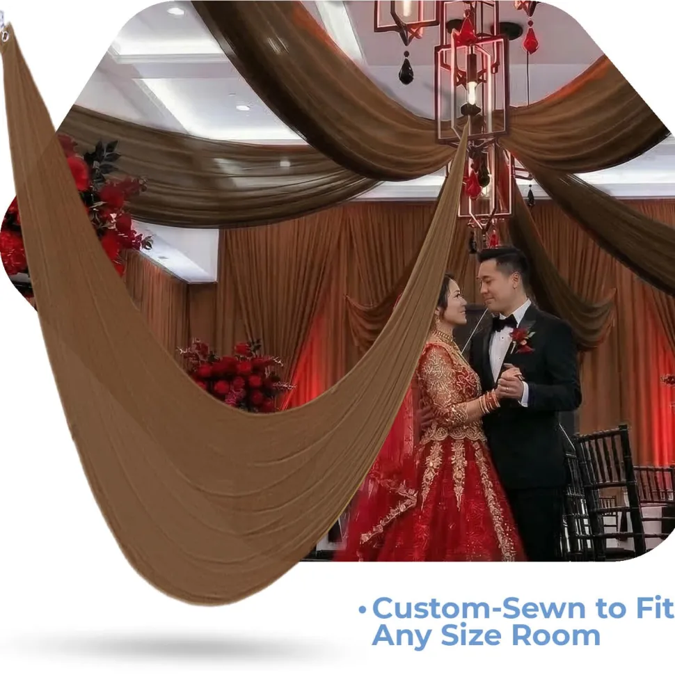 Single Piece - Brown Crushed Taffeta Prefabricated Ceiling Drape Panel - Choose Length and Drop!