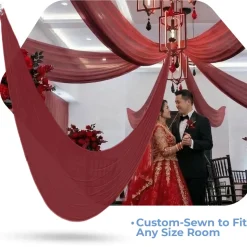 Single Piece - Burgundy Crushed Taffeta Prefabricated Ceiling Drape Panel - Choose Length and Drop!