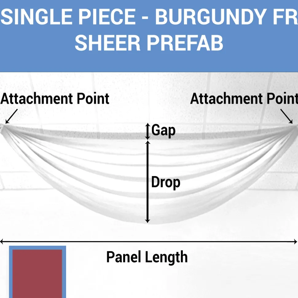 Single Piece -Burgundy FR Sheer Prefabricated Ceiling Drape Panel - Choose Length and Drop!
