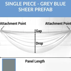 Single Piece -Grey Blue FR Sheer Prefabricated Ceiling Drape Panel - Choose Length and Drop!