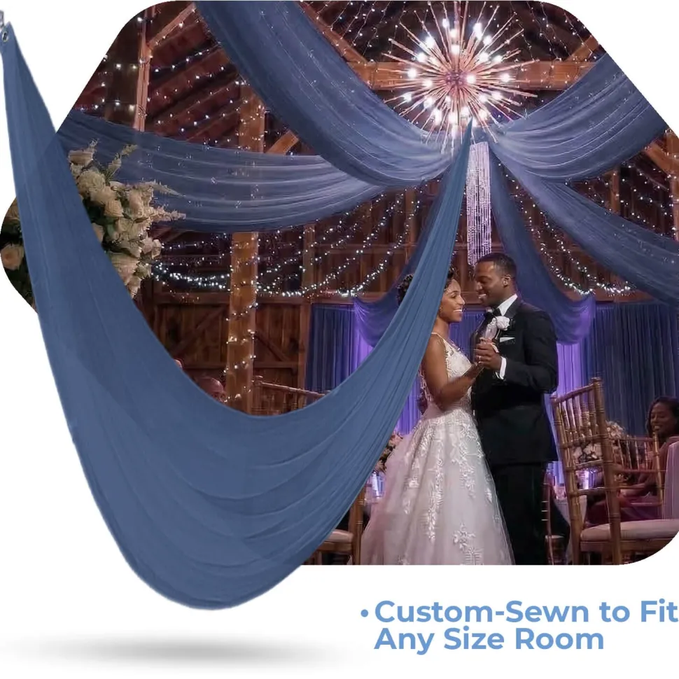 Single Piece -Navy Blue FR Sheer Prefabricated Ceiling Drape Panel - Choose Length and Drop!