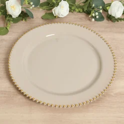 13" Taupe with Gold Beaded Rim Round Charger Plates – 10 Pieces Reusable Economy Plastic Chargers