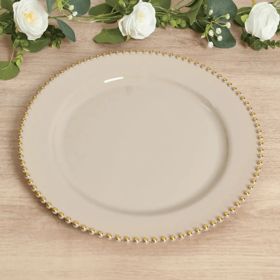 13" Taupe with Gold Beaded Rim Round Charger Plates – 10 Pieces Reusable Economy Plastic Chargers