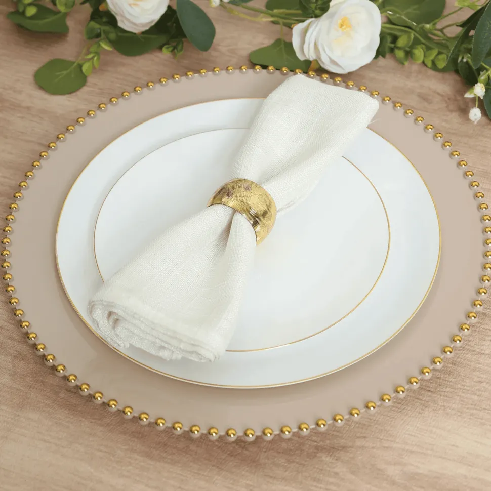 13" Taupe with Gold Beaded Rim Round Charger Plates – 10 Pieces Reusable Economy Plastic Chargers
