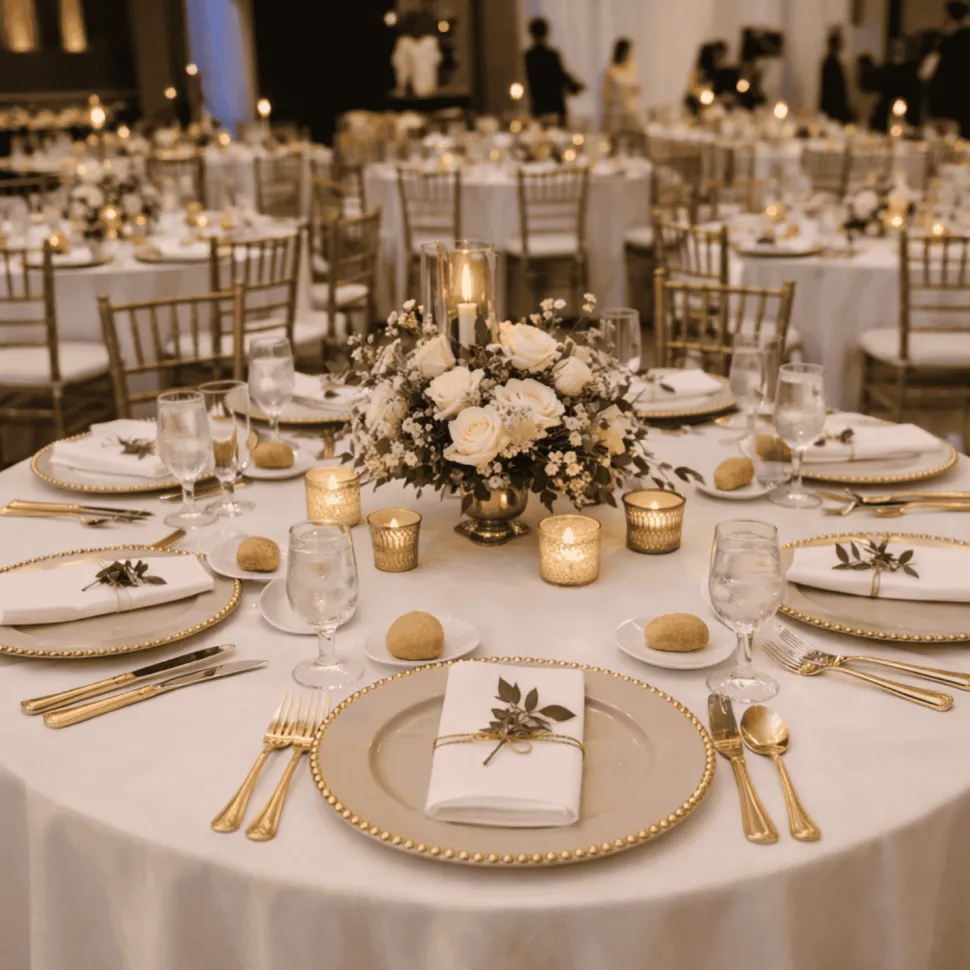 13" Taupe with Gold Beaded Rim Round Charger Plates – 10 Pieces Reusable Economy Plastic Chargers