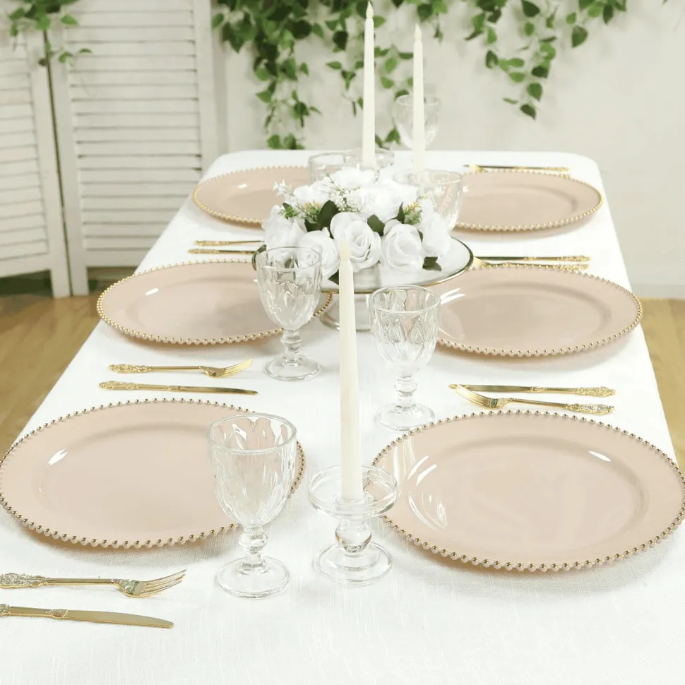 13" Taupe with Gold Beaded Rim Round Charger Plates – 10 Pieces Reusable Economy Plastic Chargers
