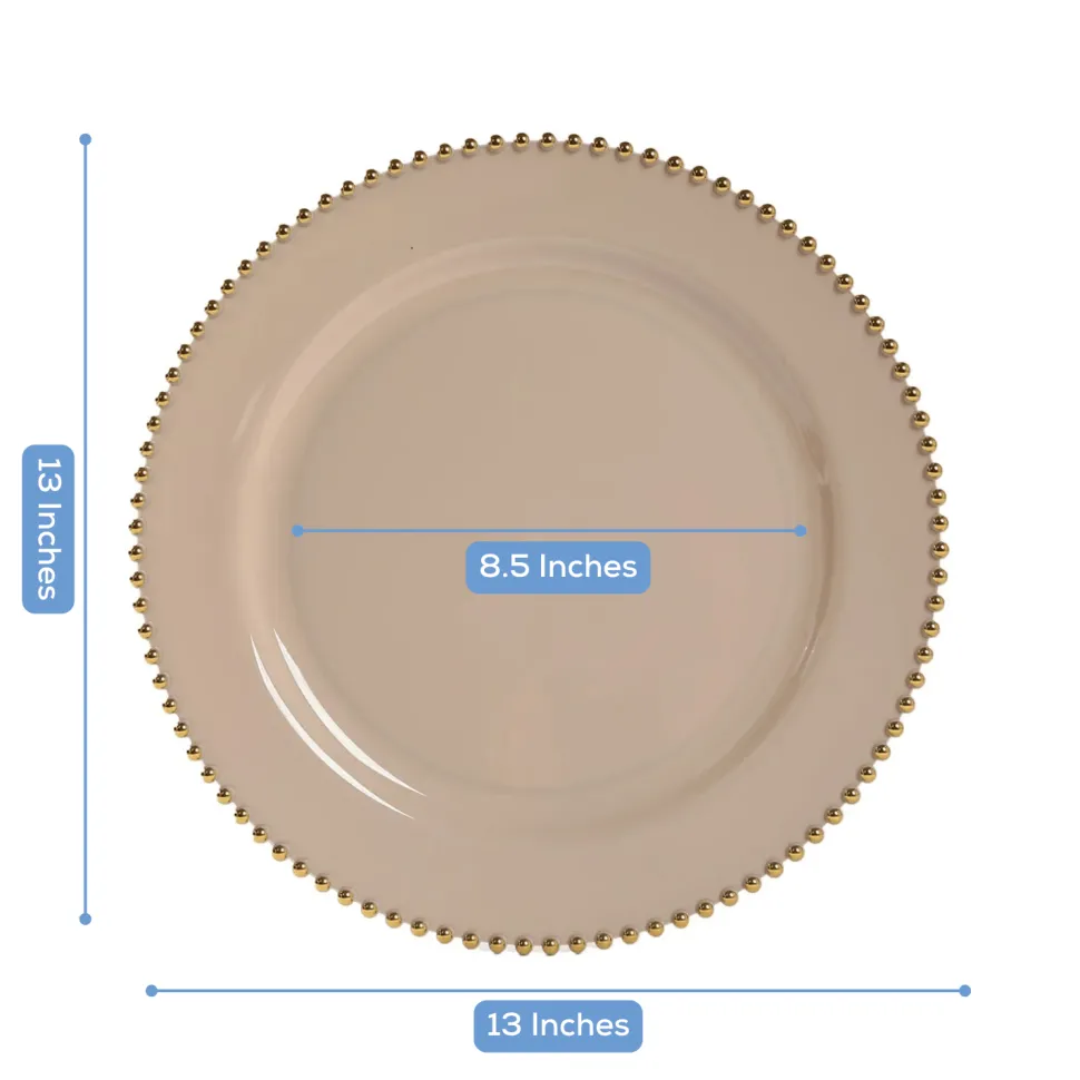 13" Taupe with Gold Beaded Rim Round Charger Plates – 10 Pieces Reusable Economy Plastic Chargers