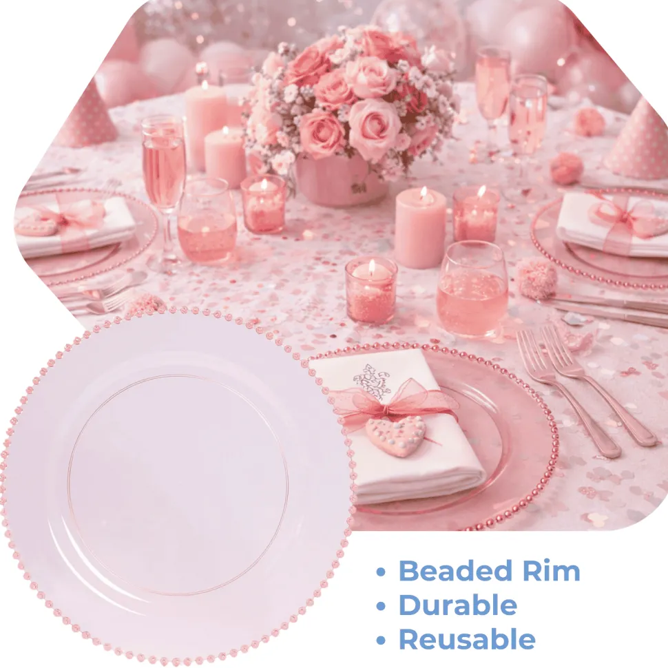 13" Transparent Blush Round Beaded Rim Charger Plates – 10 Pieces Reusable Economy Plastic Chargers