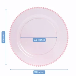 13" Transparent Blush Round Beaded Rim Charger Plates – 10 Pieces Reusable Economy Plastic Chargers