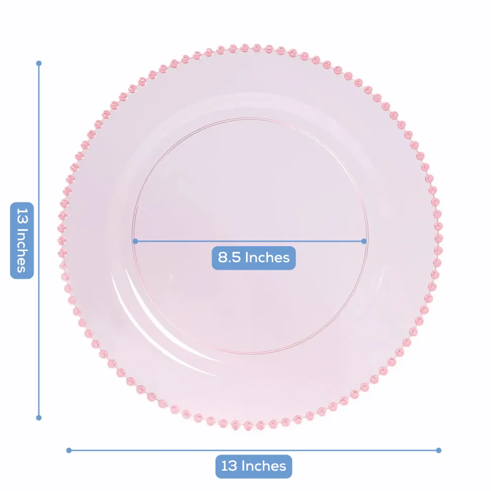 13" Transparent Blush Round Beaded Rim Charger Plates – 10 Pieces Reusable Economy Plastic Chargers