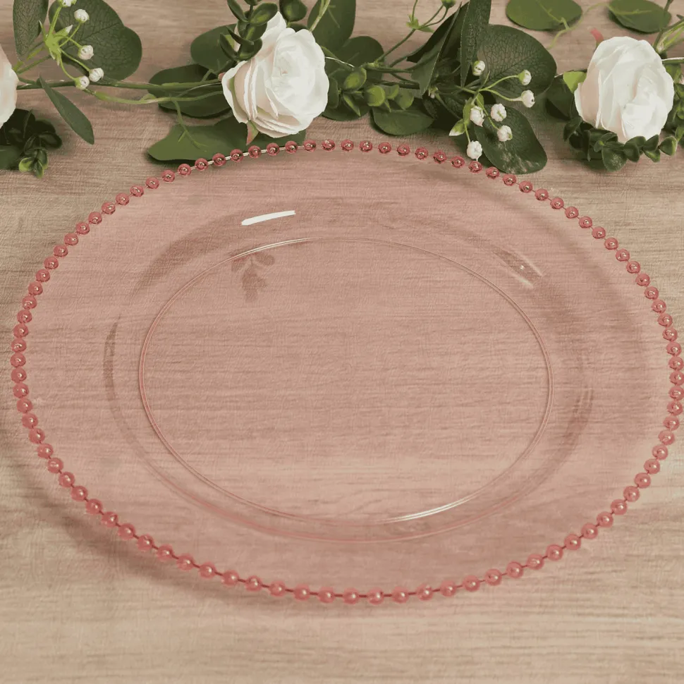 13" Transparent Blush Round Beaded Rim Charger Plates – 10 Pieces Reusable Economy Plastic Chargers