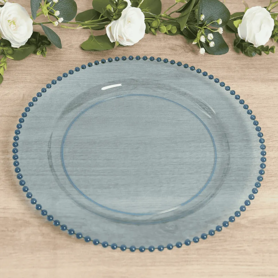 13" Transparent Dusty Blue Round Beaded Rim Charger Plates – 10 Pieces Reusable Economy Plastic Chargers